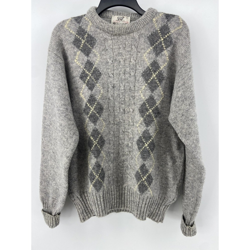 Lord Jeff Sweater Mens Large Gray Shetland Wool Cable Argyle‎ Crewneck Ireland